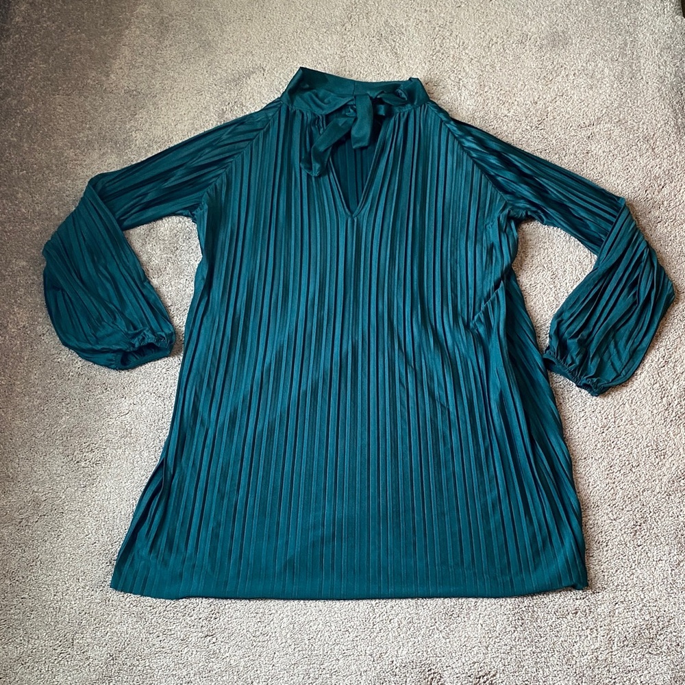 Zara Teal Green Pleated Tie Neck Long Sleeve Shift Dress SIZE L Mini